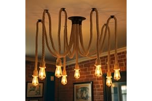 ANWIO Cable Suspension Luminaire, Lampe Suspendue 8 Corde, E27 Lustre Industriel en Corde de Chanvre Naturel, Éclairage de Plafond Salon, Loft, Chambre, Salle à manger