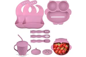 ALLJIA Baby Led Weaning Supplies Strong Suction - Silicone Baby Self Feeding Kit for Toddlers 6 Month+ Weaning Bowl and Plate Self Eating Utensils with Pre Spoon Set| Bib |Straw Cup |Snack Cup, Pink