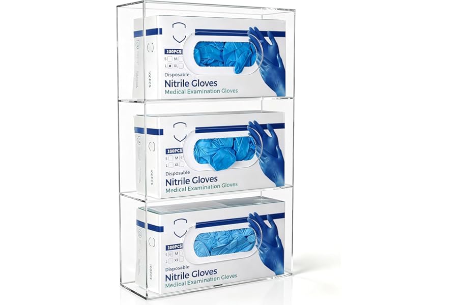 KOEMEHR Glove Box Holder Wall Mounted Acrylic Triple Gloves Dispenser for Medical, Vinyl, Latex, Nitrile, Exam, Disposable Glove, Plastic Bags Holder Tissues Box Cover, Transparent