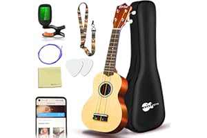Everjoys Soprano Ukulele, Uculele da 21 Pollici con Borsa, Accordatore, Corde Aggiuntive, Cinturino, Plettri, Okulele Strumento Musicale per Adulti, Natural