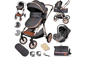 LIBREBON Baby Buggy Pram Pushchair Stroller 3 in 1 Child Lightweight Folding Stroller 3 in 1 Travel System Pram for Newborns & Toddlers from Birth (Grey Gold)
