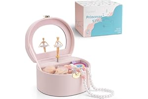 Vlando Schmuckkästchen Mädchen mit Spieluhr, Schmuckkasten Kinder mit Drehendem Ballerina & Spiegel, Spielzeug Geschenk 4 5 Jahre Mädchen, Schmuckschatulle mädchen aus Leder mit DIY Aufkleber