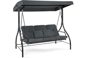 ‎M MCOMBO M MCombo Hollywoodschaukel mit Liegefunktion, Gartenschaukel 3 Sitzer wetterfest, Outdoor Schaukelbank mit verstellbarem Dach, 187 * 118 * 175 cm, 4088 (Dunkgelgrau)