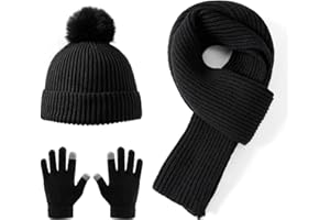 Lallier 3-teiliges Kinder-Set mit Mütze, Schal und Schneehandschuhen, Winter Strickmütze, warme, weiche Pom-Pom Mütze für Jungen, Mädchen und Kleinkinder