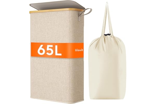 Lifewit Panier Linge Extra Plat, Paniere Linge Sale avec Couvercle, Corbeille a Linge Bambou avec Sac Amovible et Poignée, Bac Linge Etroit pour Chambre, Salle de Bain, Buanderie, 65 L, Beige