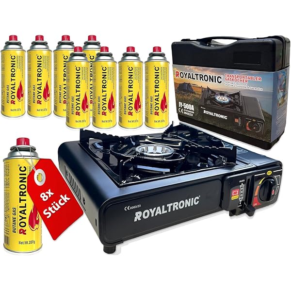Gas Stove + 4 Cartridges Butane Gas Royaltronic Camping Outdoor Car Piezo  Ignition Gas Camping Gas Stove Set Camping Stove with Case : Amazon.de:  Everything Else