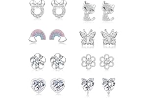 EXGOX 925 Sterling Silver Earrings，8 Pair Silver Studs Earrings for Women Hypoallergenic Kids Earrings Sterling Silver Stud Earrings for Teenage Girls Ages 3-18 Childrens Earrings Cubic Zirconia Stud Set