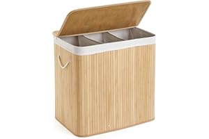 Mondeer Wäschekorb mit Deckel, Wäschesammler aus Bambus, 3 Fächern, 150L, Wäschebox mit abnehmbarem Deckel, mit waschbarem Futter, für Waschküche, Schlafzimmer, 61.5 x 40 x 60 cm Naturfarben