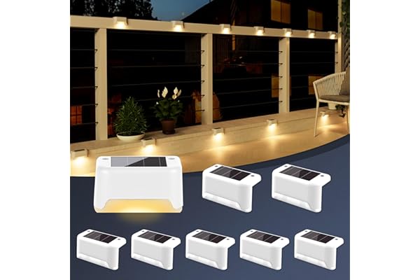GIGALUMI Luces Solares para Exteriores Pack de 8, Luces para Escaleras, Impermeables, Iluminación LED para Escaleras Exteriores, Escalones, Vallas, Patios, Terrazas, Blanco, Blanco Cálido