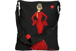 IllustrArte Bolso Tote Flamenco con asas ajustables y bolsillo interior con cremallera: Vestido Rojo con Lunares Negros (46cm x 46cm)