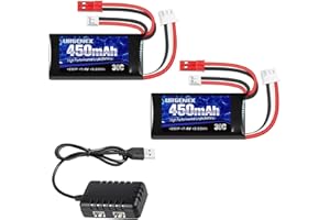URGENEX 7.4V Lipo Battery 2S 30C 450mAh Rechargeable Lipo Battery with JST & PH2.0 Plug SCX24 Battery with 1to2 USB Charger Fit for Most 1/10, 1/16, 1/18, 1/24 Scale RC Car Truck and RC Drone Airplane