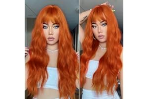 Hojalis Orange Perücke Damen, 65CM Lange Gewellte Perücken mit Pony, Natürlich Synthetische Gewellte Perücken, Hitzebeständiges Synthetik für Frauen, für Cosplay/Tägliches Partei/Halloween