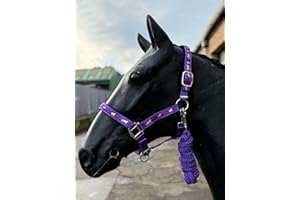 EQUIPRIDE Cavezza e guinzaglio per cavallo, rosa con motivo stampato cavallo, in nabuk imbottito (viola, completo)