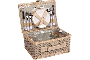 SELLTEX 4 und 2 Personen Weiden Picknickkorb Picknickkoffer Set mit Decke, Besteck, Wein Gläser, Teller (4 Personen Box)