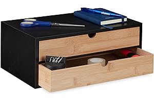 ‎RELAXDAYS Relaxdays Pudełko z szufladami, bambus i MDF, mini komoda, 2 szuflady, wys. x szer. x gł.: 14 x 33 x 21 cm, organizer na biurko, czarny/naturalny