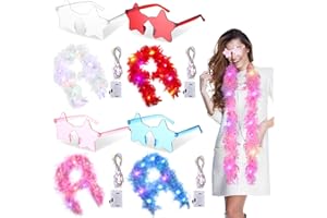 Sinmoe 4 Set Boas en Plumes et Lunettes de Soleil, 6,6 Pieds Boas Lumineux Colorés Moelleux avec Corde LED et Lunettes de Soleil de Pentagramme pour Femme Mariage Cosplay Fête Carnaval Halloween