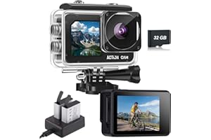 Nvgfelis Action Camera FHD 1080P 16MP with 32GB Memory Card - 131FT/40M Waterproof Dual Screen Underwater Camera, 4X Zoom, 2X Batteries & Multifunctional Accessories Kit for Helmet, Bicycle