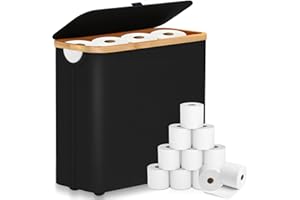 KDISHKRA Kosz do Przechowywania Papieru Toaletowego 28 L, Organizer łazienkowy na 9-12 Rolek Papieru Toaletowego, Składane, Bambusowy, Z pokrywką, Stojak do Przechowywania Papieru Toaletowego