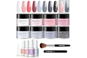 Aokitec 8 Colours Nail Dip Powder Starter Kit, Pink Gray Glitter White Black Dip Acrylic Powder with Dip Base Top Activator Brush Saver for Nail Art Beginner, No Nail Lamp Needed, Gift for Women Girls