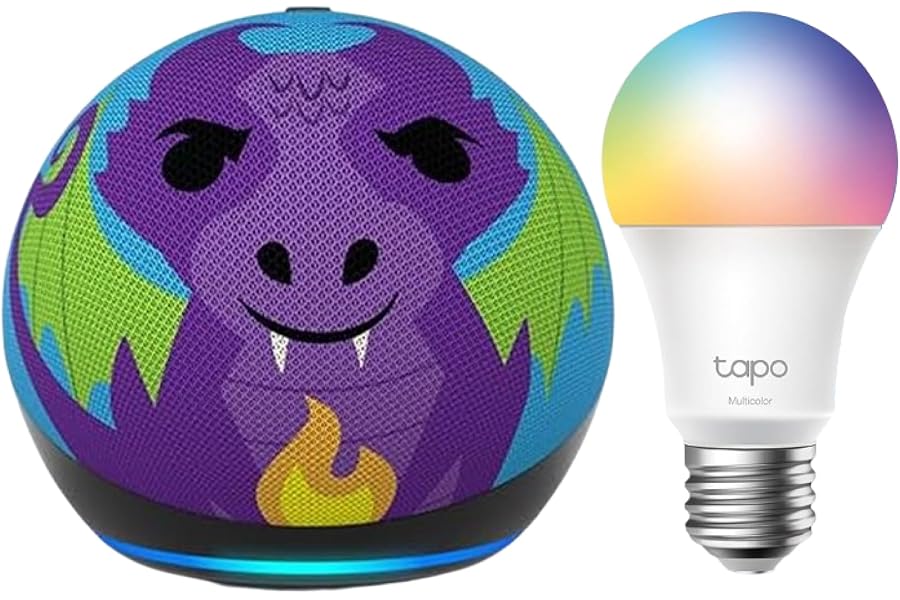 Echo Dot Kids (Neueste Generation) | Drachen-Design + Tapo Smart Glühbirne (E27)
