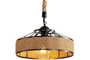 Goeco Lampade in Corda di Canapa, Lampadari a Sospensione Country in Metallo Nero Retrò, con Regolabile Cavo Elettrico, E27 Lampadario Vintage per Cucina Sala da Pranzo Bar Caffè (Senza Lampadina)