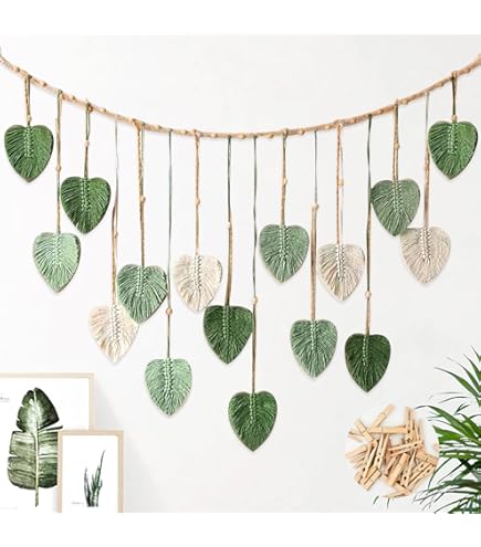 Verde Decorazione murale bohemien Decorazione murale macramè Arazzo foglie 10 mollette legno che non lasciano segni per decorare la camera da letto | Leroy Merlin