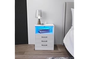 HAODACULTURE Mesita de noche con estación de carga y LED,Mesitas Auxiliares con Cajón y Compartimiento Abierto Mesita de noche LED Ajustables de 16 Colores Unidad de Almacenamiento para sala de estar (Blanco)
