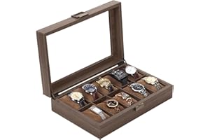 CeiBand Boîte à montres bois à 10 Grille Compartiments, Cuir Grain de Bois Vitrine de Montres Écrin à Montres Rangement pour Hommes Boîte avec Couvercle en Verre Coussinets Montres (33*21.5*8.5cm)