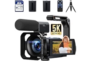HOTPEAK 5K Video Camera Camcorder 56MP WIFI YouTube Vlogging Camera 3” 270° Rotatable Touchscreen Podcast Camera Recorder with 64G SD Card,Microphone,Handheld Stabilizer,Hood,Remote,2 Batteries,Tripod