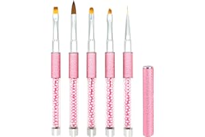5 Pinceles para Uñas de Gel con Tapa Decoracion Nail Art Fino Acrilicas Profesional, LEA-SHALL Pincel Semipermanente Línea/Plano/Redondo/Acrilicas/Angular Kit Manicura Set Pintura Rojo Rosa