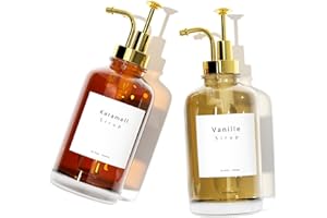 BOLLFO Lot de 2 distributeurs de sirop de café à pompe pour accessoires de bar à café, distributeur de pompe à café, bouteille de sirop en verre, distributeur de sirop avec 42 étiquettes, 500 ml