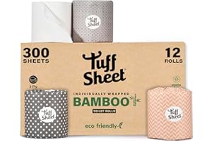 TUFF SHEET 12 Pack Bamboo Wrapped Toilet Rolls 3-Ply Strength, Plastic-Free Toilet Paper, 300 Sheets, Recycled Packaging, Sustainably Sourced, Eco-Friendly& Biodegradable Bathroom Tissues