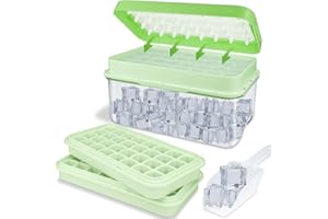 TOPAHGOD Eiswürfelbehälter mit Deckel und Behälter Set, Leicht zu Lösen und Aufbewahrung Eis, 64 Stück Eiswürfel für Gekühlte Getränke/Obst/Babynahrung, 2 Silikon Eiswürfelform+1 Eiskübel+1 Schaufel, Grün