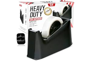 G4GADGET Heavy Duty Tape Dispenser – Weighted Non-Skid Base - High-Quality, Sharp Cutting Blade – One-Hand Use – Black – Includes 1 Clear Tape Roll & 1 Extra Spindle