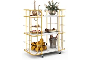 KOMFOTTEU Carro de Cocina con Ruedas, Carrito de Servicio de 3 Niveles, Carro Organizador con Marco de Metal Dorado y Paneles de Imitación de Mármol, para Hogar, Comedor, Resraurante, 66 x 40 x 82 cm