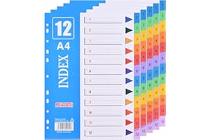 FESSOSKO Set of 5 Coloured Folder Index Dividers for Folder A4 Pastel A4 Practical Cover Sheet Cardboard Index Extra Wide Perfect for Folder Organisation in the Office, 1-12