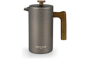 POLIVIAR 7379 POLIVIAR Cafetiere 8 Cup, French Press Coffee Maker with Wood Handle, Double Walled Insulated Cafetiere &1 Extra Filter, Insulated 1L French Press for Coffee & Tea, Includes 1 Extra Filter