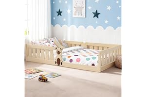 Brolteja Children's bed, Montessori 2-in-1 Floor Bed 200 x 90 cm, with Removable Fall Protection Including Slatted Frame,Solid Pine Wood, Natural, Maximum Load 100 kg (Wood color without roof)