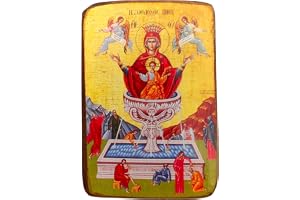 Trä grekisk kristen ortodox ikon av Zoodochos Pigi “Livgivande källa” – Handgjord religiös träikon – 9x7 cm / 3.5x2.7 tum / A0