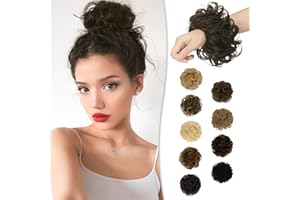 RUWISS Moños Postizos 100% Pelo Humano Postizos de Pelo Rizado Ondulado Extensiones de Cabello Real Moño de Pelo Desordenado Postizos para Mujer（Marrón Más Oscuro）