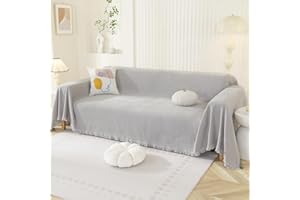 Royhom Housse de Canapé d'angle, Housse Canapé 3 Places, Gris Clair Couvre Canape Chenille, Protege Canape Angle avec Glands Décoratifs, Anti-Rides, Pur Gris Clair, 180x340 cm