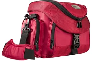 Mantona Premium Kameratasche - Universaltasche inkl. Schnellzugriff, Staubschutz, Tragegurt und Zubehörfach, geeignet für DSLM und DSLR Kameras, rot/schwarz