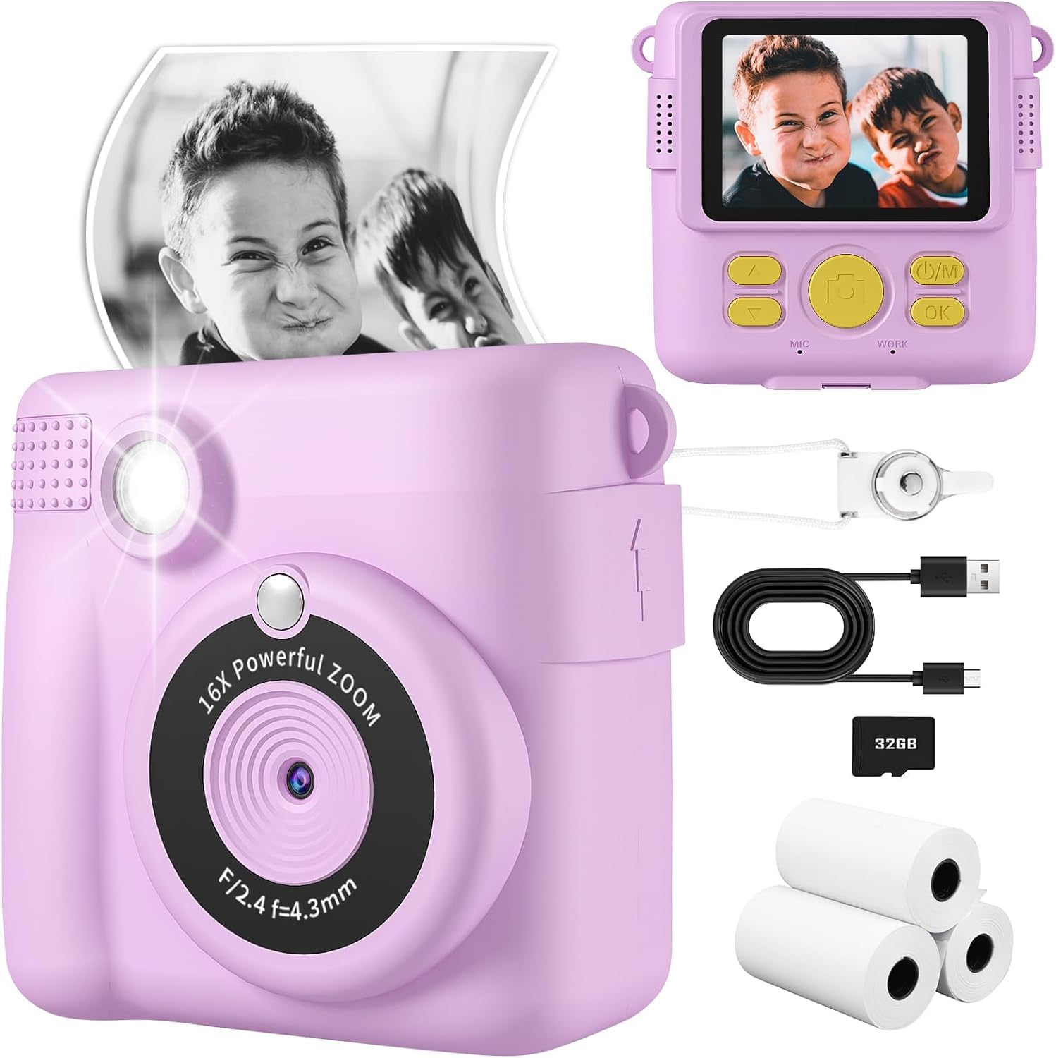 Adofys Instant Print Camera for Kids, Christmas Birthday Gifts for Girls Boys, HD Digital Video Cameras for Toddler, Portable
