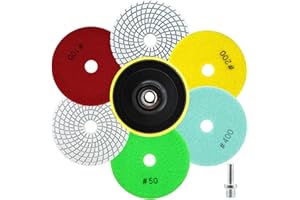 QUEFORET Diamant Polierpads Set 8 Stücke - 6 Stücke 100mm Nass Polierscheiben (Körnung 50/50/100/100/200/400), 1 Stück Polierteller, 1 Stück Adapter für Granit Marmor Quarz Kunststein