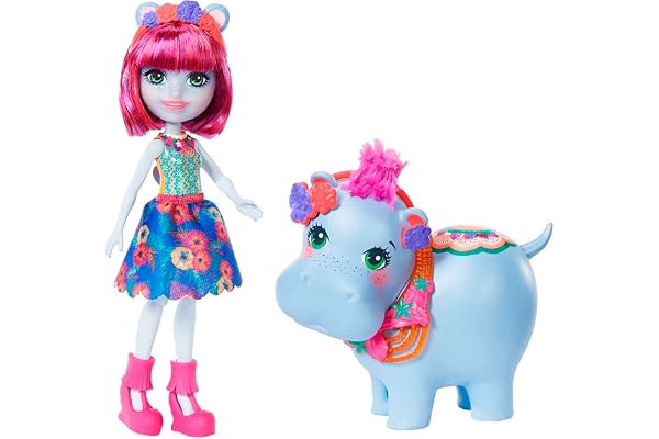 Enchantimals Mini-poupée Hedda Hippo et Figurine Animale Lake aux Cheveux Courts Roses avec Jupe à Motifs en Tissu, Jouet pour Enfant, GFN56