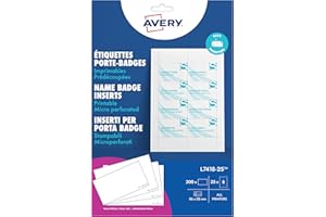 Avery – 200 inserts imprimables pour badges 86x55 mm – cartes blanches en papier 190 g/m² – format standard carte de visite – impression laser et jet d’encre – personnalisables L7418-25