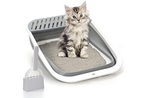 QYJINLIDA Open Top Cat Litter Box, Large Foldable Cat Potty Height-Adjustable Sides Anti-Splash, Open Air Kitty Litter Pan No Smell, Toilet Easy Clean with Scoop (Gray)