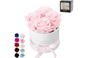 Infinity Flowerbox - 4 echte Infinity Rosen (3 Jahre haltbar ohne Wasser) - Direkt mit Geschenkverpackung geliefert I Handgefertigt in Berlin I Geschenk für Frauen (Rosa Rosen mit weißer Rosenbox)