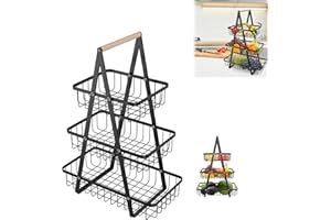 UISEBRT Frutero de 3 pisos, cesta de frutas de metal, bandeja de frutas extraíble, soporte para cocina, cesta de almacenamiento con mango de madera, cesta de pan, estante para verduras, cesta para