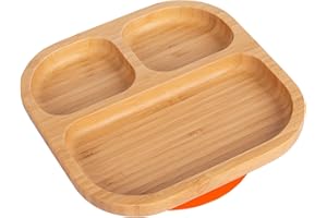 Tiny Dining Baby Plate with Suction Cup - Segmented - Orange - Divided Non-Slip Bamboo Self-Feeding Baby Weaning Plate for Babies, Toddlers, Children